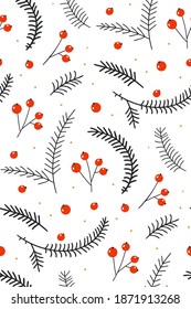 Red berries with fir branches on a white background. Hand drawn floral seamless vector pattern. New year seamless pattern with branches, berries and flowers. Christmas seamless pattern with floral