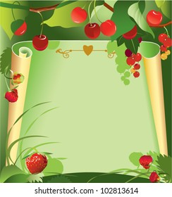 Red berries frame. The vector illustration of a roll of paper arranged with different berries.