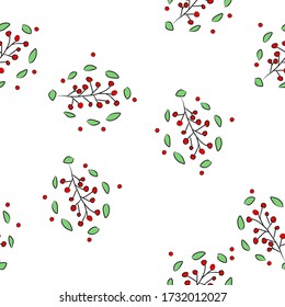 Red berries and green leaves, seamless vector pattern. Art continuous illustration modern