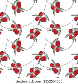 Red berries green leaves seamless pattern vector. Line continuous background illustration. Botanical outline backdrop. Floral wallpaper, fabric, textile, print, wrapping paper, package design, banner.