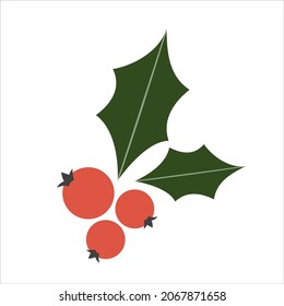 Red berries with holly leaves isolated on white background. Christmas flower for decor and ornaments. Vector illustration in flat style