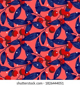 Red berries, leaf branches seamless vector pattern, Christmas winter snowy holiday print. pink background