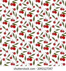 bayas rojas con hojas, patrón vectorial sin soldadura, aisladas en blanco, impresión de fruta, vacaciones