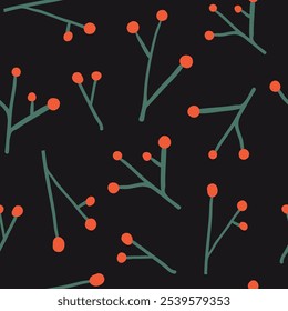 Red berries on black. Winter flora seamless pattern. Hand drawn holiday illustration with botanical elements. Simple modern texture for textile, wrapping paper, Christmas or New Year decoration