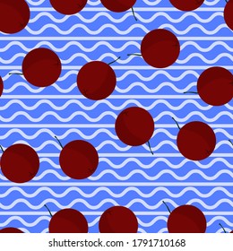 Bayas rojas de fondo azul. Patrón vectorial sin fin. Temporada de frutas 