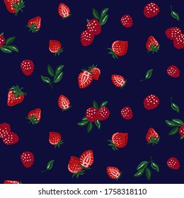 Red berries on navy background. Seamless pattern. Vector