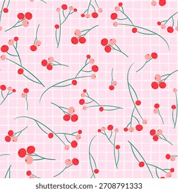 Bayas rojas en el patrón inconsútil comprobado rosado del Vector del fondo para los Diseños de invierno y el papel de embalaje de Festiva