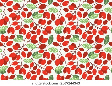 Red berries seamless background, vector wild forest berries tiling wallpaper, elements easy to use separately as an illustration.