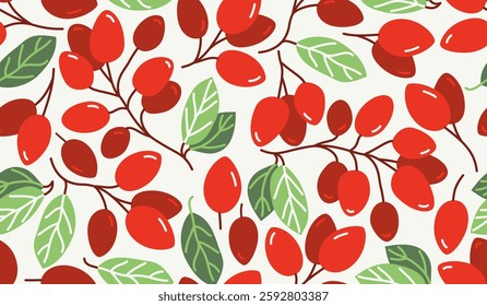 Red berries seamless background, vector wild forest berries tiling wallpaper, elements easy to use separately as an illustration.