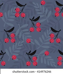  Red berries. A seamless pattern of red berries, black, gray leaves on blue gray background.