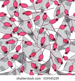 Red berries. A seamless pattern of red berries, light gray leaves on dark gray background.