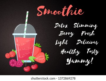 Red berries smoothie vitamin drink vector illustration. Fresh smoothies drink with red layers in glass with cup and straw. Raw pineapple fruit and sign Smoothie for fitness landing page concept