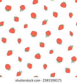 Red berries. Strawberry seamless pattern. Food illustration. Multidirectional pattern is designed for fabric prints. Limited red and white color scheme for fabric production. Excellent companion.