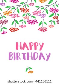 Red berry birthday postcard, lettering, vector.