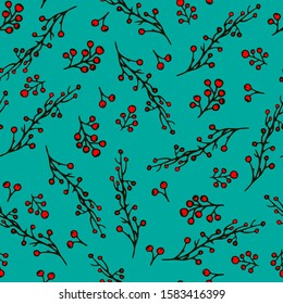 Red berry branch background, design for any purposes. Bright vector illustration. Berry wallpaper. Christmas seasonal plant. Seamless background pattern. Decorative color art.