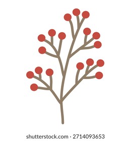 Rama de baya roja en ilustración plana para el diseño botánico de invierno. Adecuado para ilustraciones festivas, impresiones de vacaciones, marca de temporada y temas de invierno acogedores.
