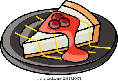 Red berry cheesecake cake pastry concept, velvet cake slice with Melted cheese Maple syrup vector color icon design, Fastfood symbol, Grab and go meals sign,popular inexpensive good taste snack 