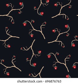  Red berry, Christmas Brier Spray Pattern. Hand drawn, whimsical, traditional style.Colorful artistic design, blossom. For backgrounds, wallpapers, fabric, prints, textiles, wrapping, cards, cover.