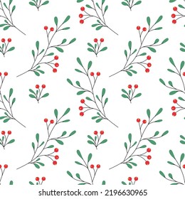 Red Berry Christmas Seamless Pattern on White Background. Vector Illustration.
