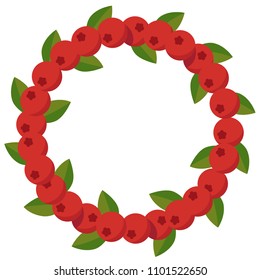 Red berry frame. Berries and leaves in circle shape. Vector illustration. Berry wreath. 