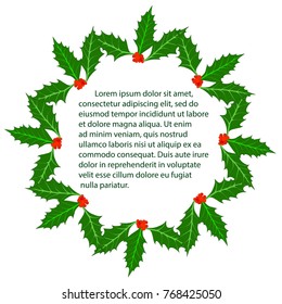 Red berry and green leaf holly wreath, Lorem ipsum on white background stock vector illustration
