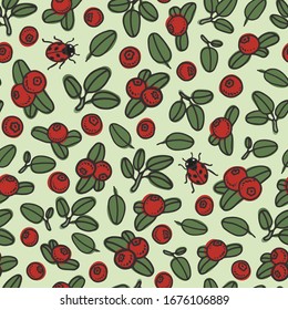 Red berry hand drawn seamless pattern with leaves and ladybugs. Cranberry green background.