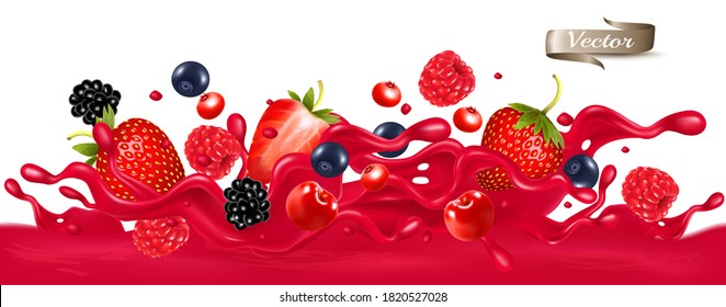 Red berry juice splash wave. Whole and sliced strawberry, raspberry, cherry, blueberry and blackberry in a sweet juce wave with splashes and drops isolated on transparent background. 3D. Vector.