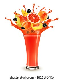 Red berry juice splash. Whole and sliced blackberry, cherry, peach, pear and grapefruit in a sweet juce or cocktail with splashes and drops isolated on transparent background. 3D. Vector.