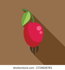 Baya roja con la hoja que cuelga abajo del icono plano del diseño de la rama con la sombra larga en fondo marrón