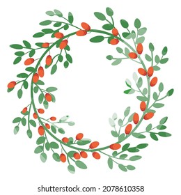 red berry leaf wreath white background, christmas invitation, winter holidays card