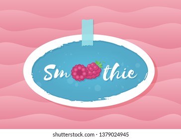 Red berry smoothie drink label vector illustration. Tasty natural raspberry with Smoothie sign in white frame at smoothies cocktail blue round sticker for offer drawing sign, store promotion art