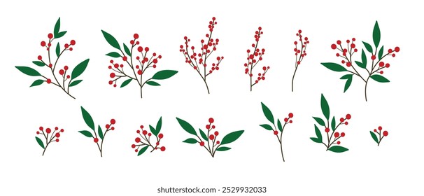 Red Berry spray, Christmas tree branch Decoration, Xmas holiday decoration. vector illustration isolated on white background