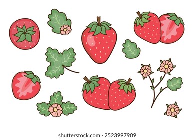 Red Berry Strawberry and a Half of Strawberry. Flat Set Flower, Petal, Strawberry Isolated on White Background.Cartoon fruits.