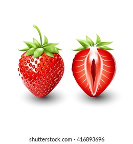 Red berry strawberry and a half of strawberry, fruit, transparent, Vector