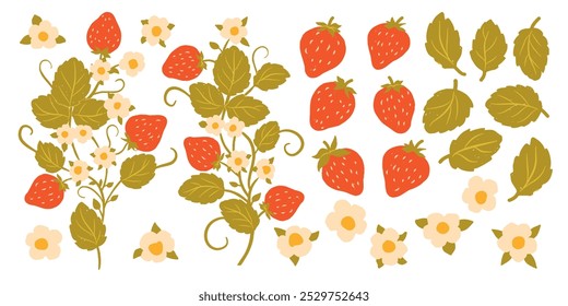 Red berry strawberry and plant branches. Flat vector illustration set flower, petal, strawberry isolated on white background for printing on fabric, labels and for web pages..