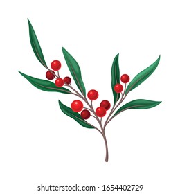Red Berry Twig with Green Leaves Isolated on White Background Vector Illustration