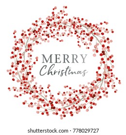 Red berry wreath with season greeting Merry Christmas. Vector illustration on the white background. Winter holiday.