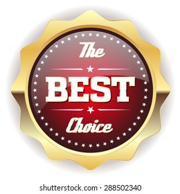 Red best choice badge with gold border on white background