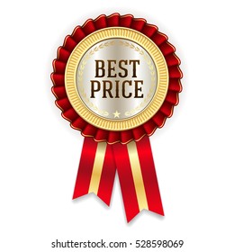 Red best price badge / rosette with gold border on white background
