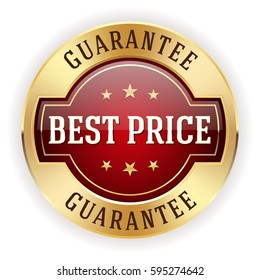 Red best price button / badge with gold border on white background