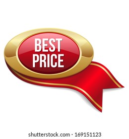 Red best price button with gold border and ribbon