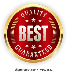 Red best quality badge / button with gold border on white background
