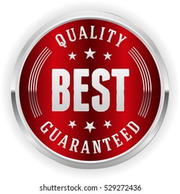 Red best quality badge / button with silver border on white background