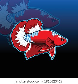 Red Betta Fish Multy Color Mascot Vector Illustration. Esport Logo Concept Isolated on Navy Background