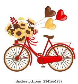 A red bicycle with a bouquet of sunflowers and balloons. Vector. Illustrated clipart.