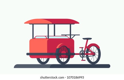 Red bicycle cart. Mobile shop for various fast food and ice cream. Vector illustration isolated on white background. svg
