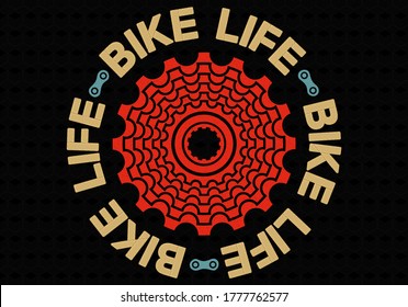 Red bicycle cassette with Bike Life legend over black background. Vintage bike design ideal for stamps