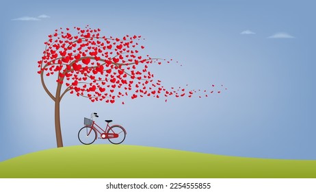Red bicycle parked under the tree of love on grass hill background for Valentine's day decorations illustration vector.