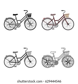A red bicycle with wheels and basket. The eco-friendly transport.Different Bicycle single icon in cartoon style vector symbol stock illustration.