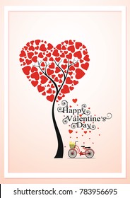 Red bicycle with yellow flowers, Love  tree with hearts shape leaves isolated on light pink background. Happy Valentine's day, Love iconic, Idea for art, card, gift, decoration, wallpaper, EPS 10.
